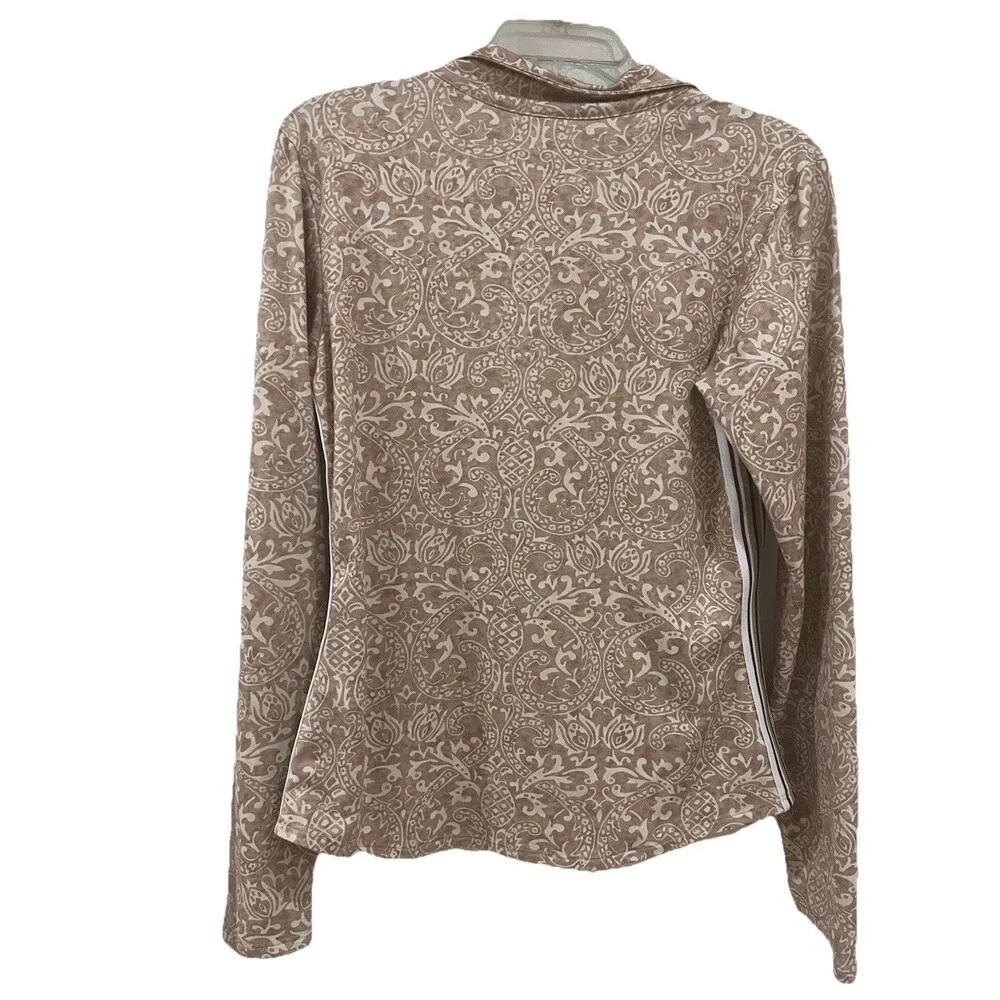 ATHLETA Quarter Zip Athletic Top Tan Cream Damask Print Striped Made In US Sz M - Picture 2 of 8